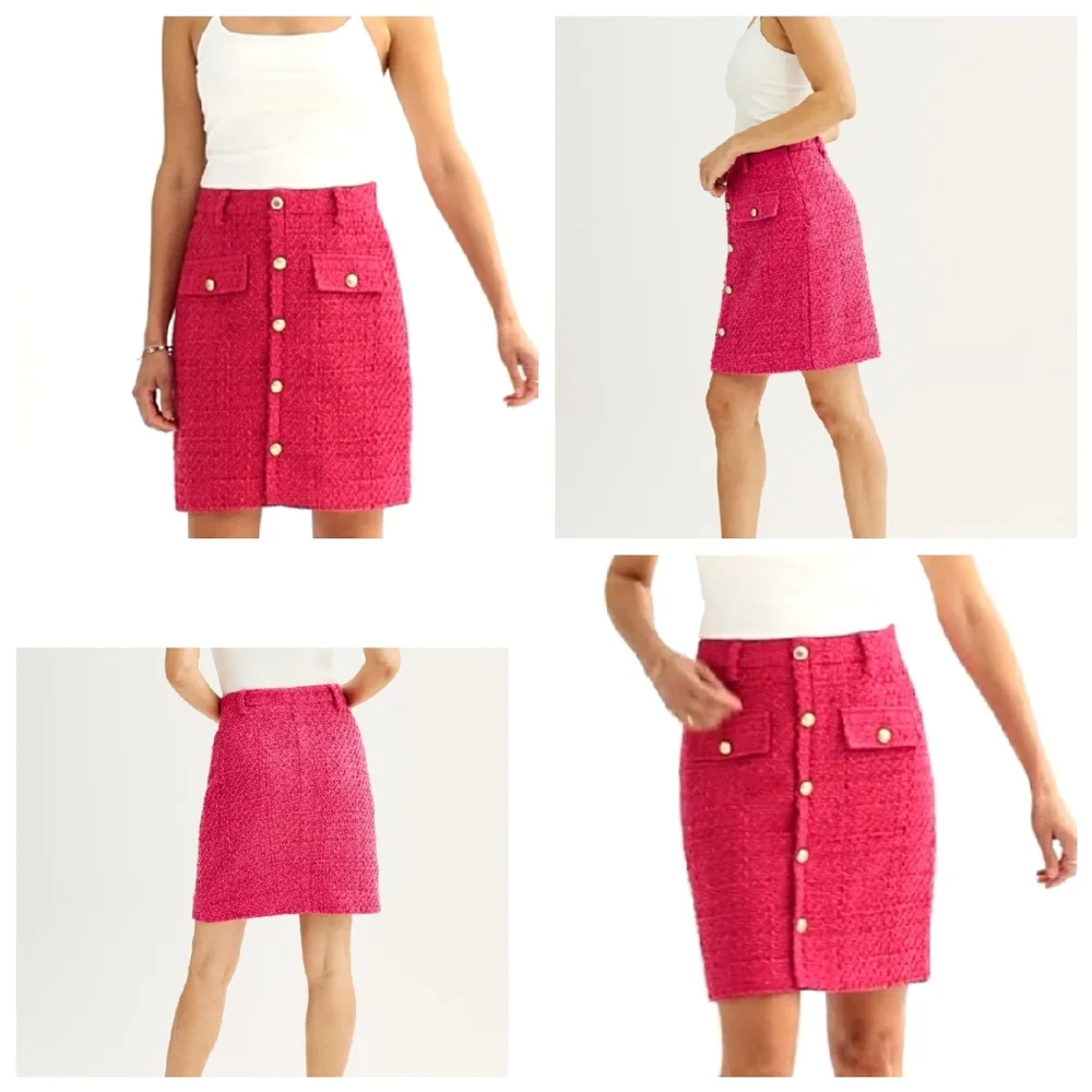 NWT Nine West Pink Tweed Mini Skirt Gold Buttons‎ Women's Size XL